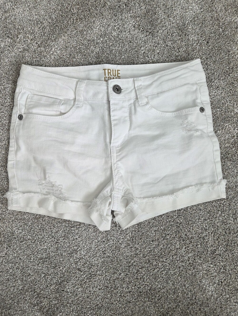 True Craft White Distressed Rolled-Hem Denim Shorts